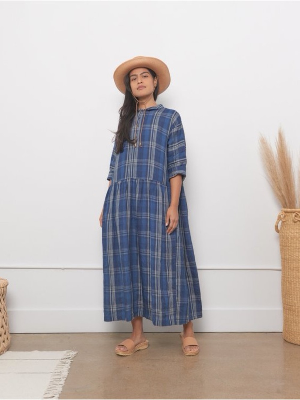 ICHI ANTIQUITES Indigo Linen Check Dress Navy One Size VGUC